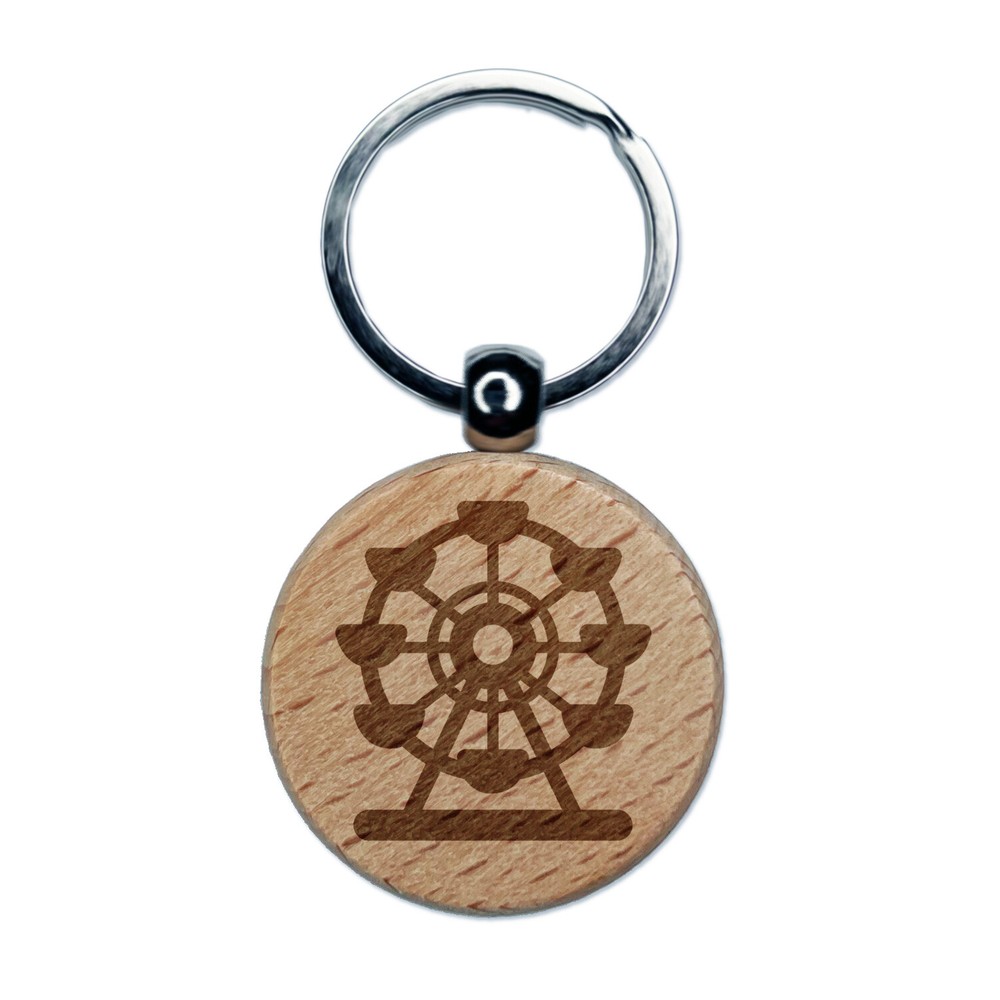 Ferris Wheel Amusement Park Engraved Wood Round Keychain Tag Charm