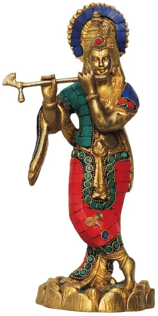 Brass Showpiece Krishna Statue Religious Stone Idol Figurines Sculpture 11 inch