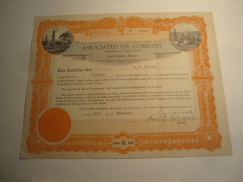 1923 - ASSOCIATED OIL COMPANY - Stock Certificate - FORT WORTH TEXAS