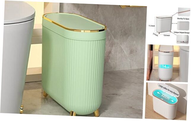 Bathroom Trash Can with Lid, 3.1 Gallon/12 Liter Slim Rubbish Bin Green