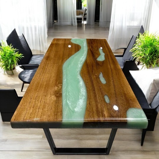 Handmade Green Epoxy Resin Wooden Dining Table Modern Art Home Decor-image