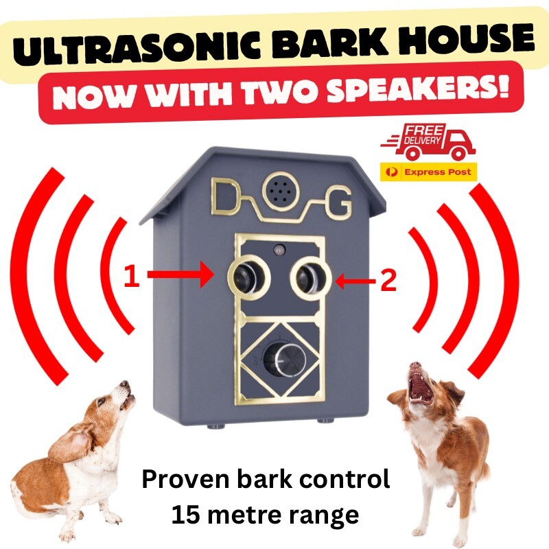 POWERFUL! ULTRASONIC ANTI-BARK HOUSE TWO SPEAKERS +9V BATTERY 15-METRES RANGE