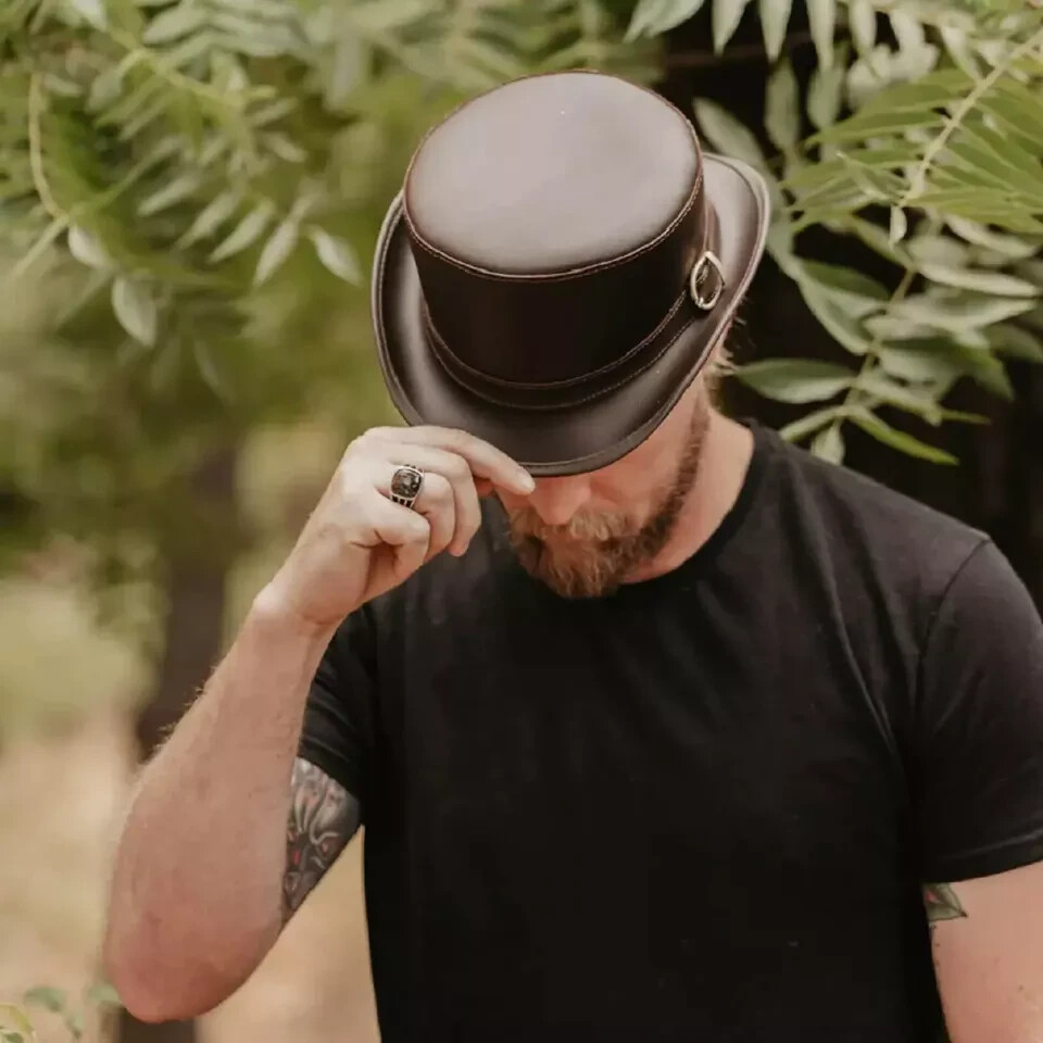 El Dorado Mens Black Cowhide Top Hat with Stylish Hatband Handmade