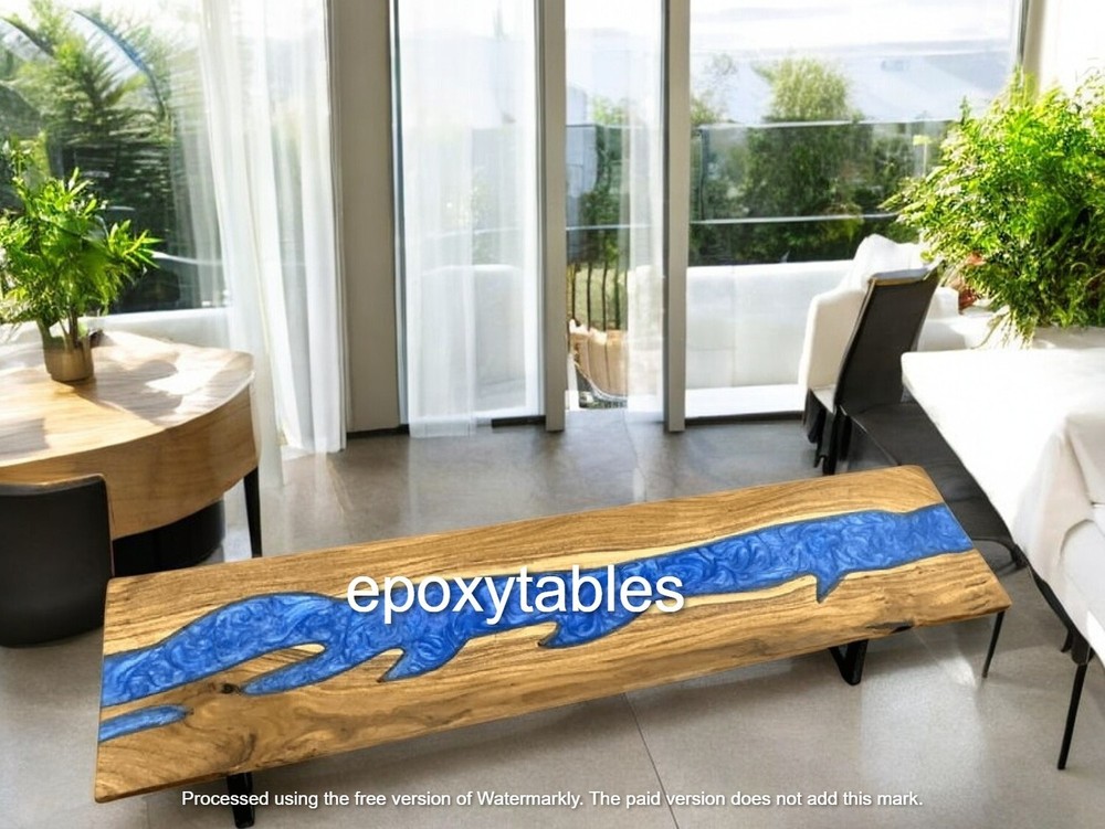 Handcrafted Blue Epoxy Resin Live Edge Wood Dining Table