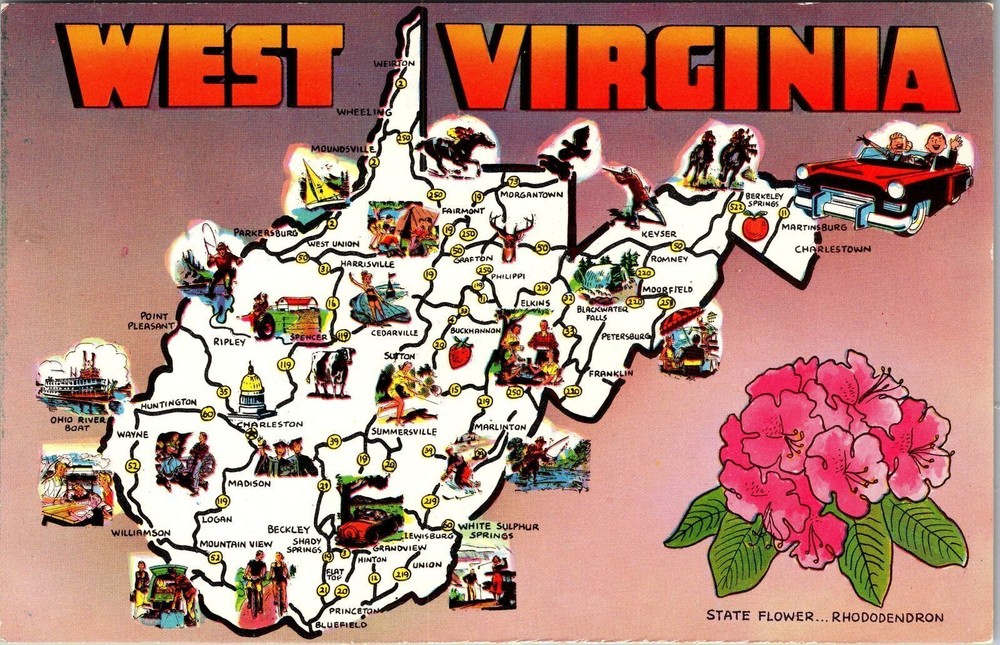 WV-West Virginia, Scenic Map Greetings, Landmarks, Vintage Postcard