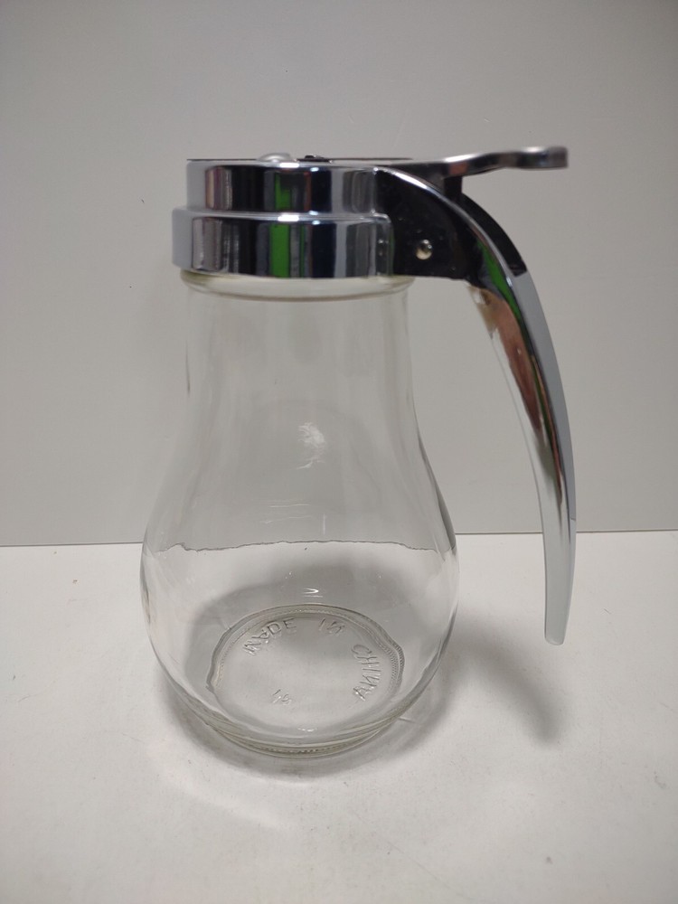 Syrup Dispenser Pitcher Chrome Plated Top 14 oz. Clear Curved Glass Bottom H 6