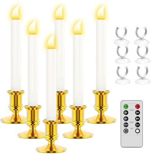 Window Candles, LED Taper Candles with Timer, Flickering Flameless A-6pcs Gold