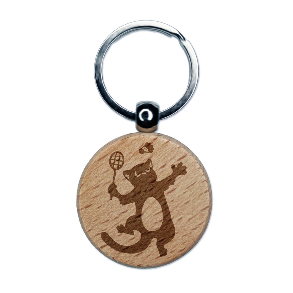 Cat Badminton Wood Keychain Charm Engraved Round Tag