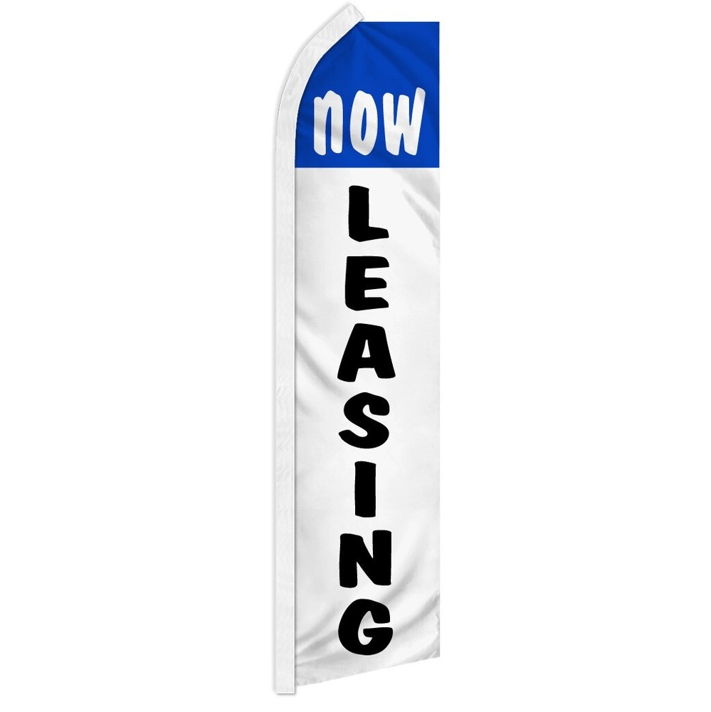 Now Leasing: Black & White Swooper Feather Flutter Flag for Real Estate Advertising