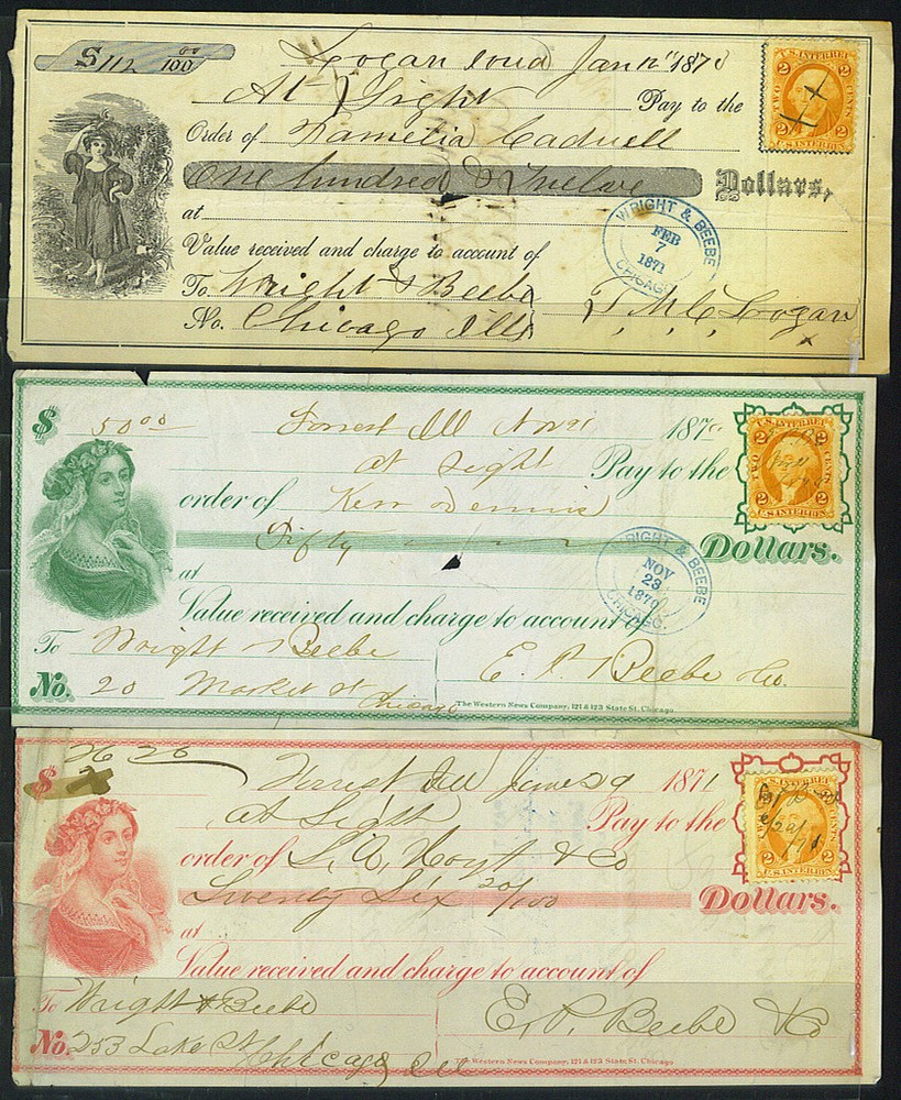 US 1870's THREE CHICAGO CHECK -TWO ARE WESTERN NEWS COMPANY OF CHICAGO TWO HAND