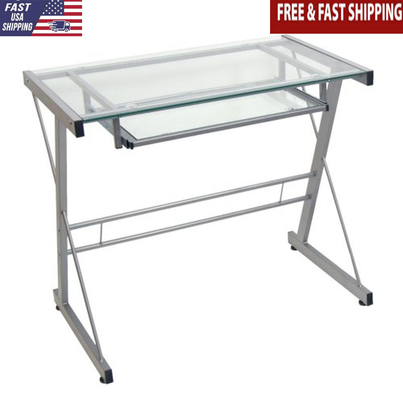 Metal & Glass Work From Home Laptop Computer Gaming w/ with Keyboard Tray Home-image