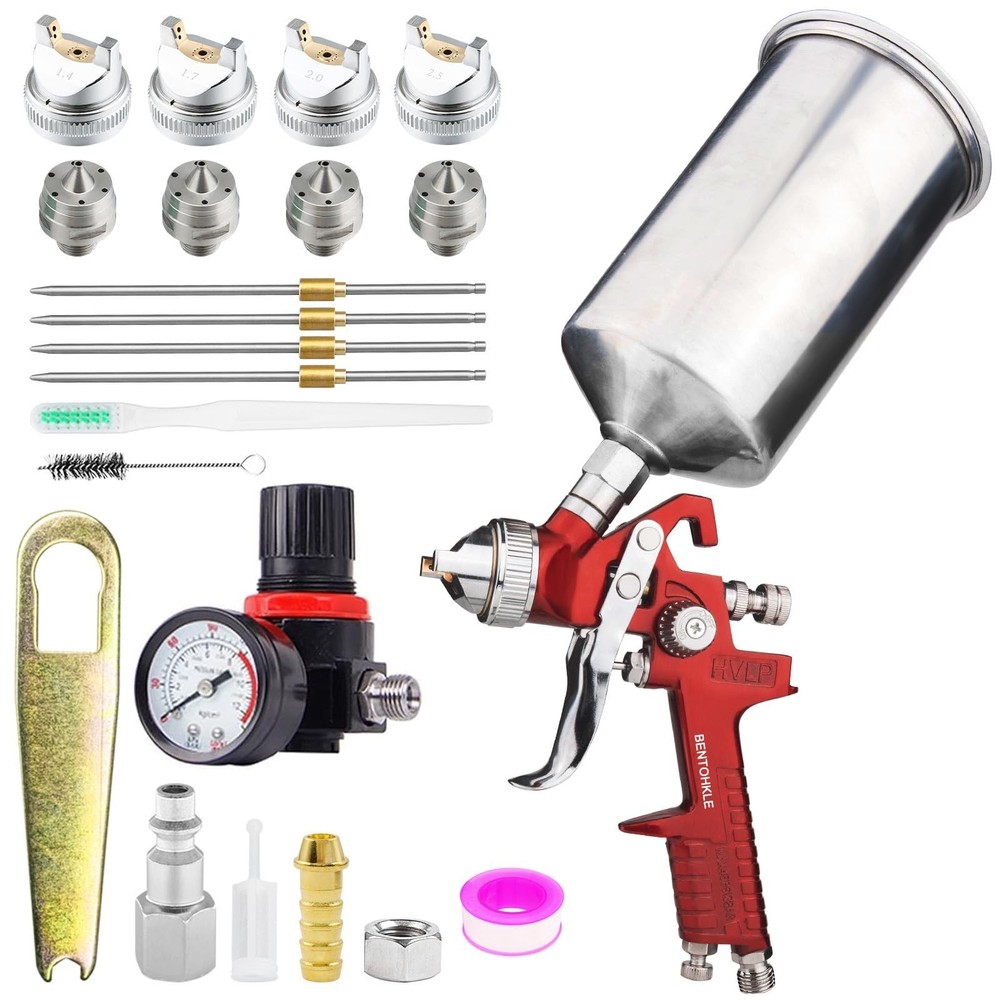 HVLP Gravity Feed Spray Gun with 4 Nozzles 1.4/1.7/2.0/2.5mm and 1000cc Alumi...