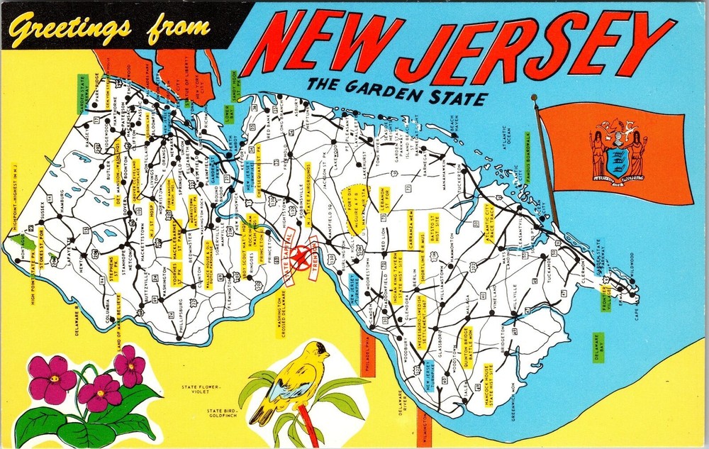 NJ-New Jersey, Scenic Map Greetings, Landmarks, Vintage Postcard