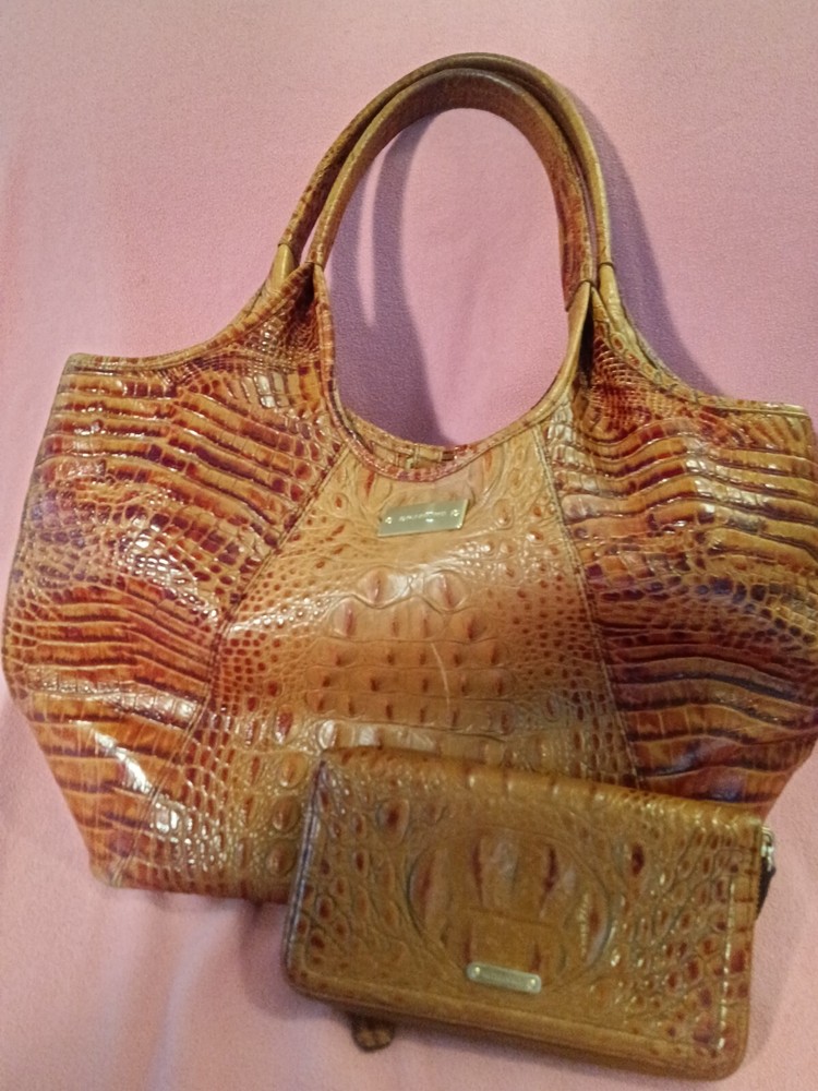 Brahmin Brown Pecan Leather Croc Double Handle Hobo Purse with Wallet Excellent Condition