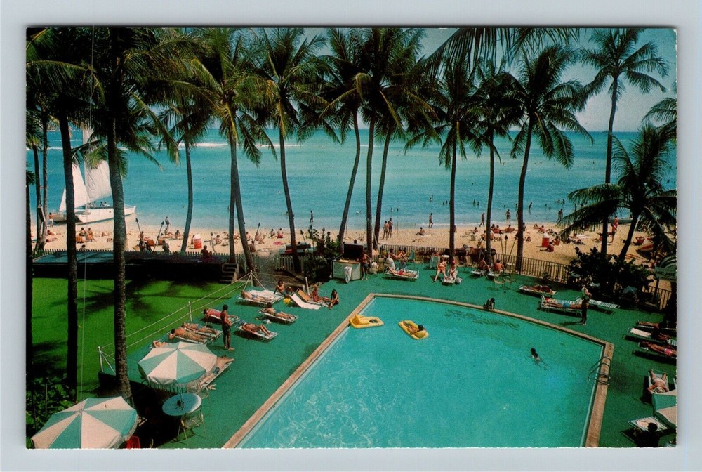 Honolulu HI-Hawaii, Waikiki Beach, Outrigger Hotels, Antique Vintage Postcard