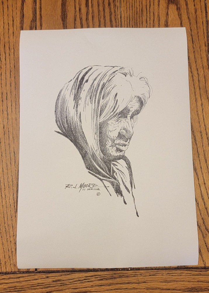 R.J. Moore Native American Indian Print Potrait 1972 Denver Colorado Sketch