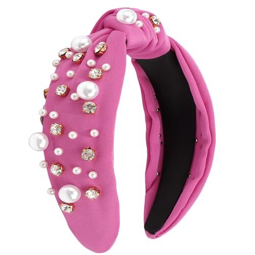 Knotted Women's Pearl Rhinestone Headband in Hot Pink with Wide Top Knot Design