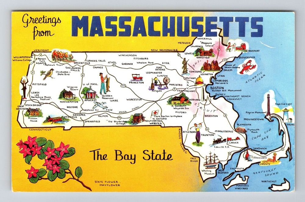 MA-Massachusetts, Scenic Map Greetings, Landmarks, Vintage Postcard