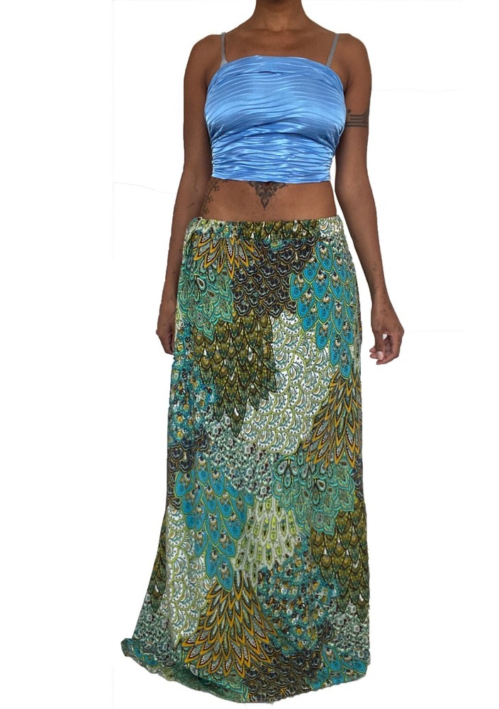 Boho paisley print maxi skirt in green and blue, size 10-12, summer hippy casual style-image