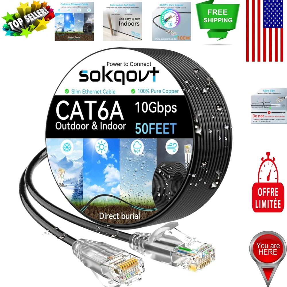 50ft Cat6a Slim Ethernet Cable - Waterproof Outdoor & Indoor High-Speed Solution