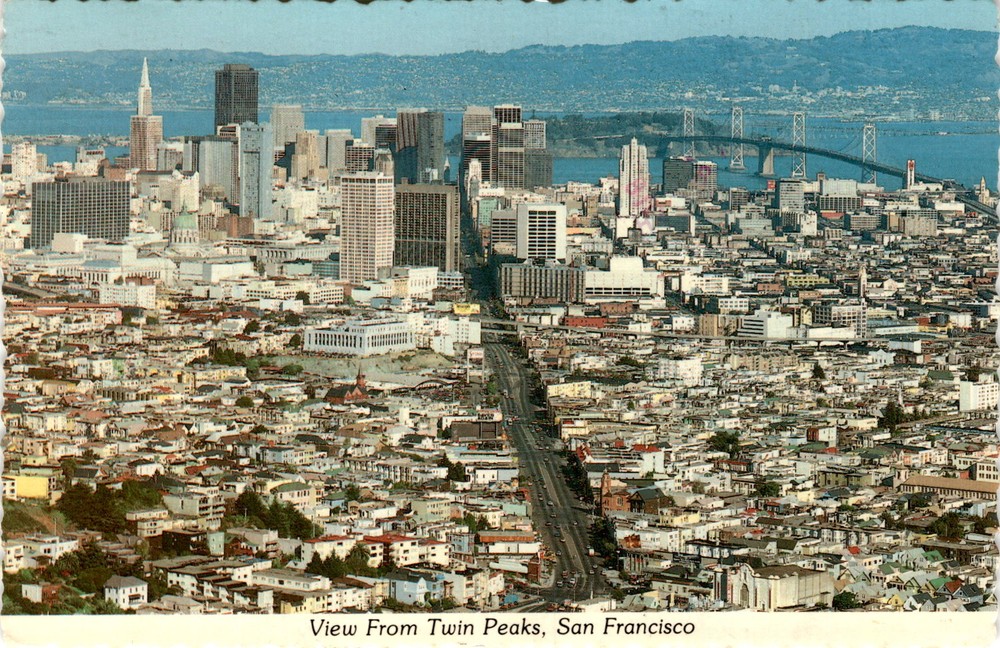 Twin Peaks, San Francisco, Bay Bridge, East Bay cities, Smith Novelty Postcard
