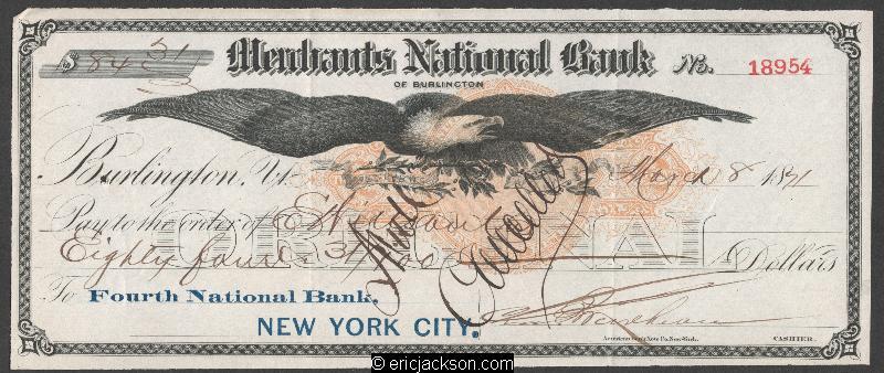 Vintage Merchants National Bank of Burlington VT RN-C1 Check-image