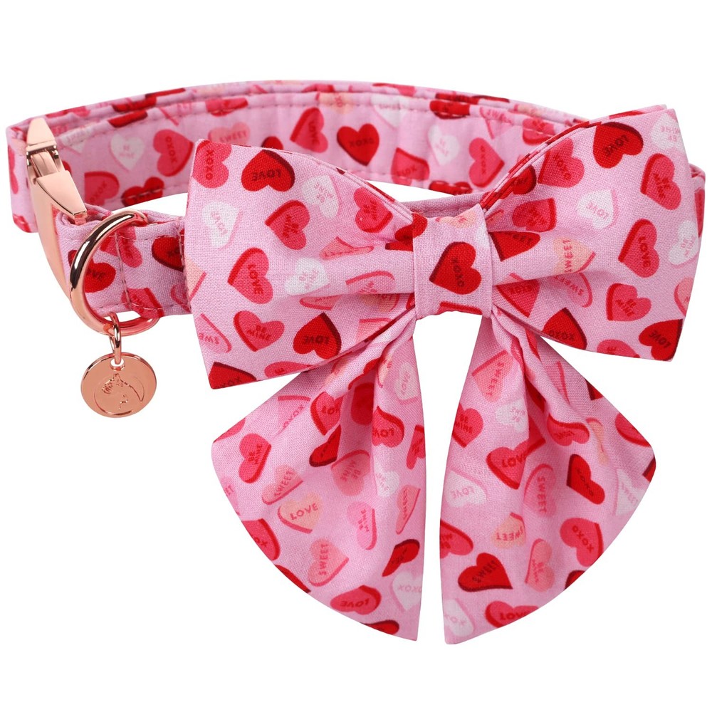Valentine's Dog Collar with Sailor Bowtie - Pink Heart Adjustable Cotton Hear...
