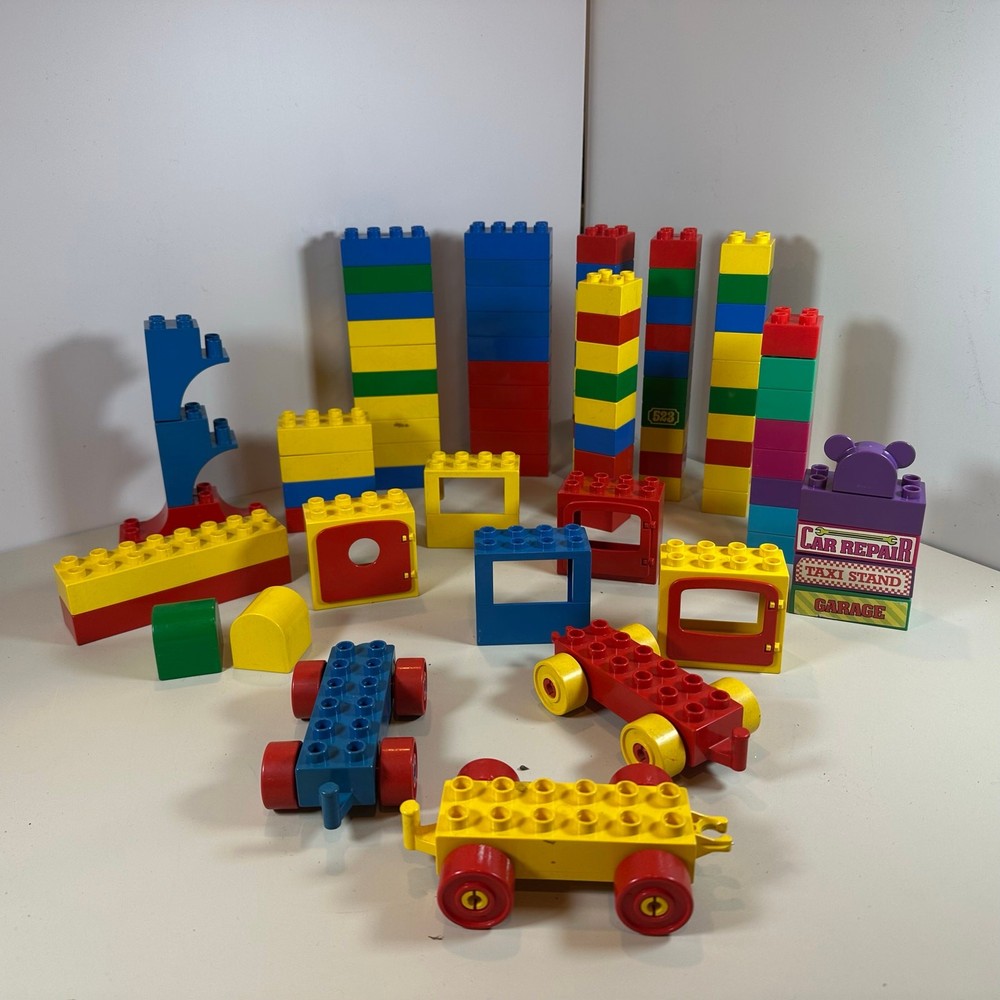 Vintage Duplo Lego 90 Building Blocks with Cars Doors Windows 2X8 Bricks