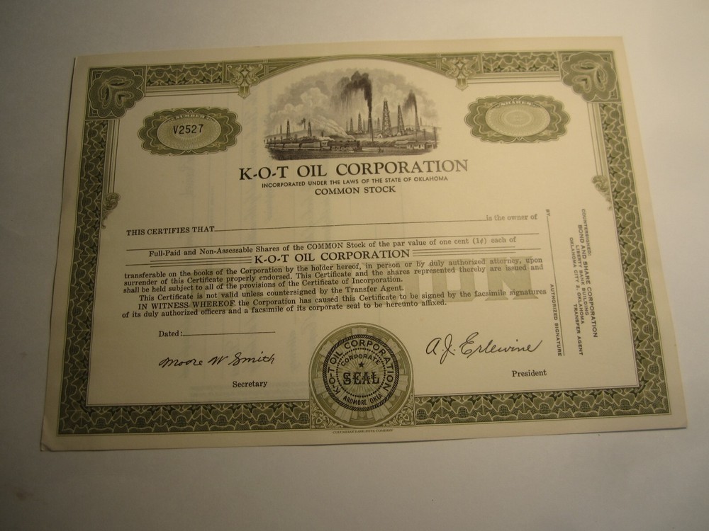 Vintage K-O-T Oil Corporation Stock Certificate Oklahoma Collectible