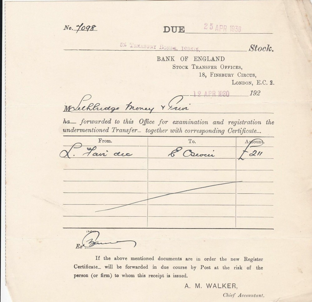 Bank of England, Stock Transfer Offices, London 1930 Transfer Receipt Ref 46135-image