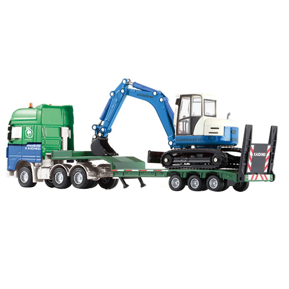 1/50 Cab Rotation Alloy Flatbed Trailer Loaded Truck Excavator Digger Loader