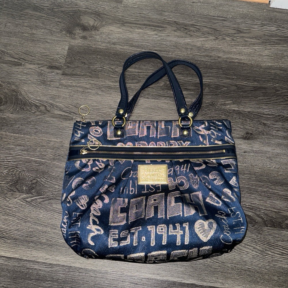 Coach Poppy Tote Bag Blue Gold Sketch Scribble Graffiti Zip Purse Handbag Rare