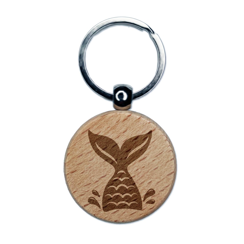 Mermaid Tail Engraved Wood Round Keychain Tag Charm