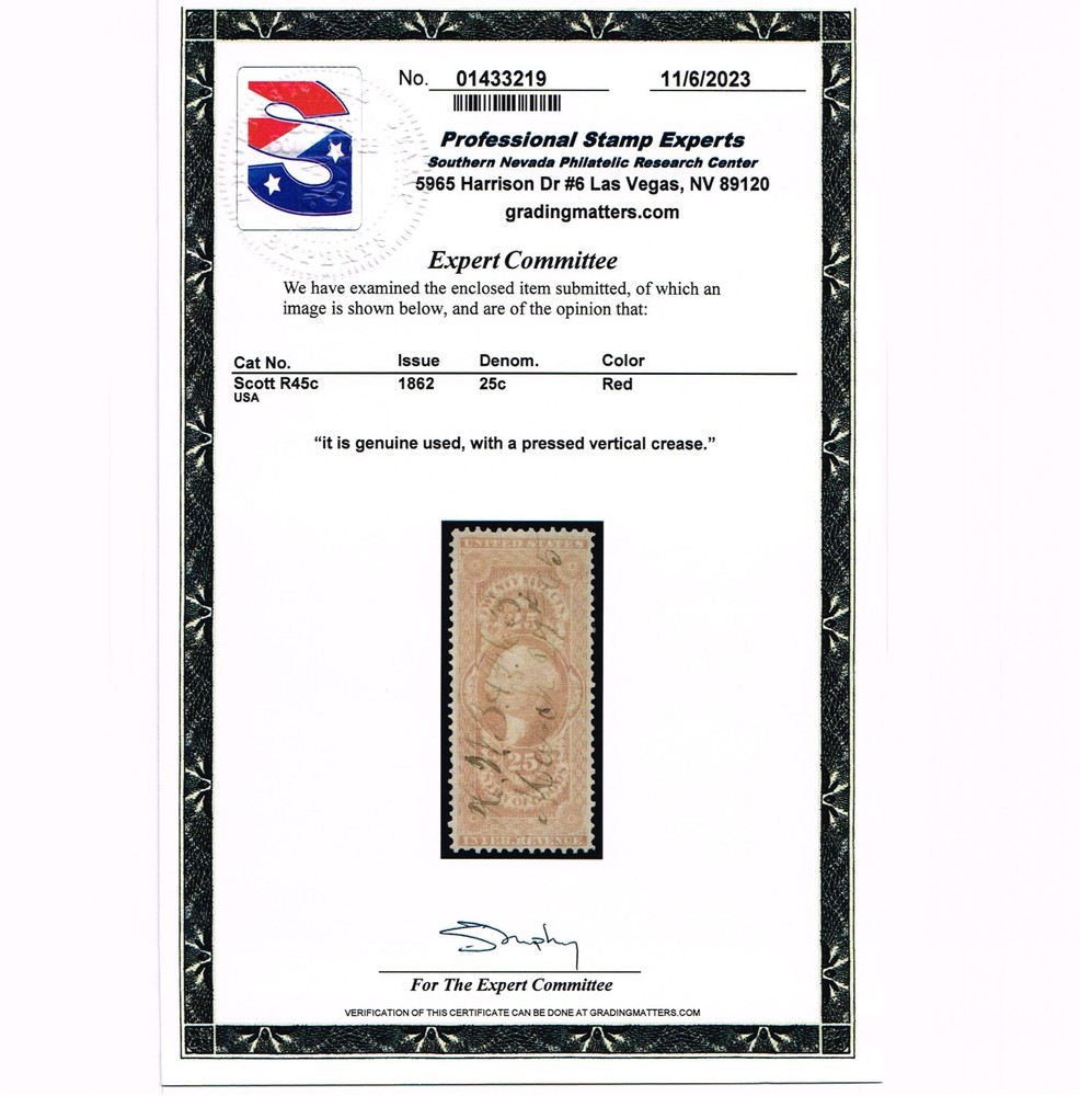 EXCELLENT GENUINE SCOTT #R45c 1862 FIRST ISSUE REVENUE ON OLD PAPER PSE CERT