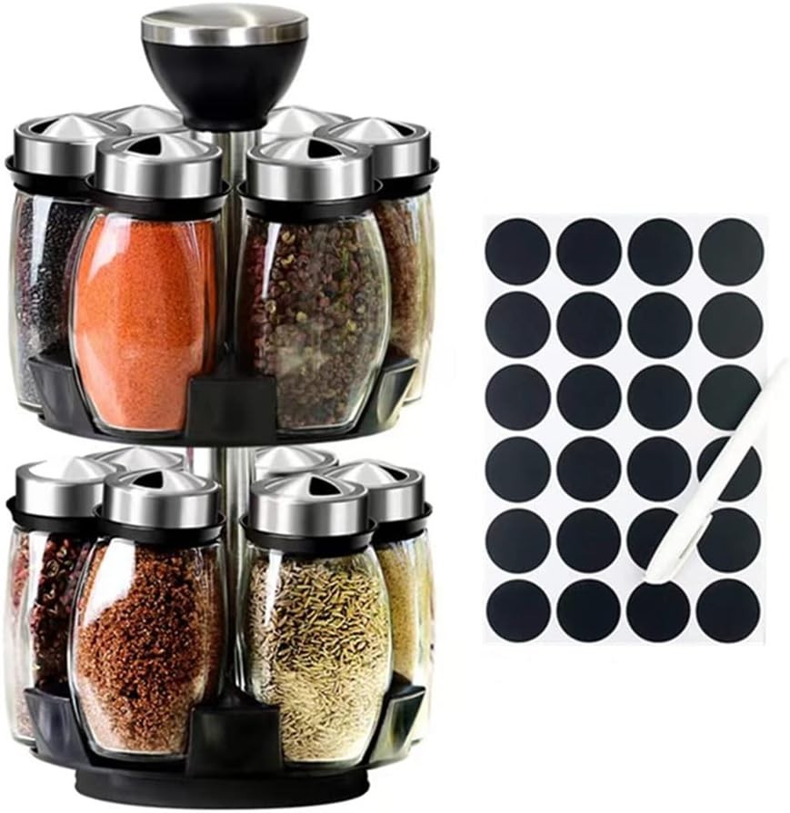 12JAR 360° Rotating Spice Rack Tower Lead-Free Glass Jars Kitchen Organizer