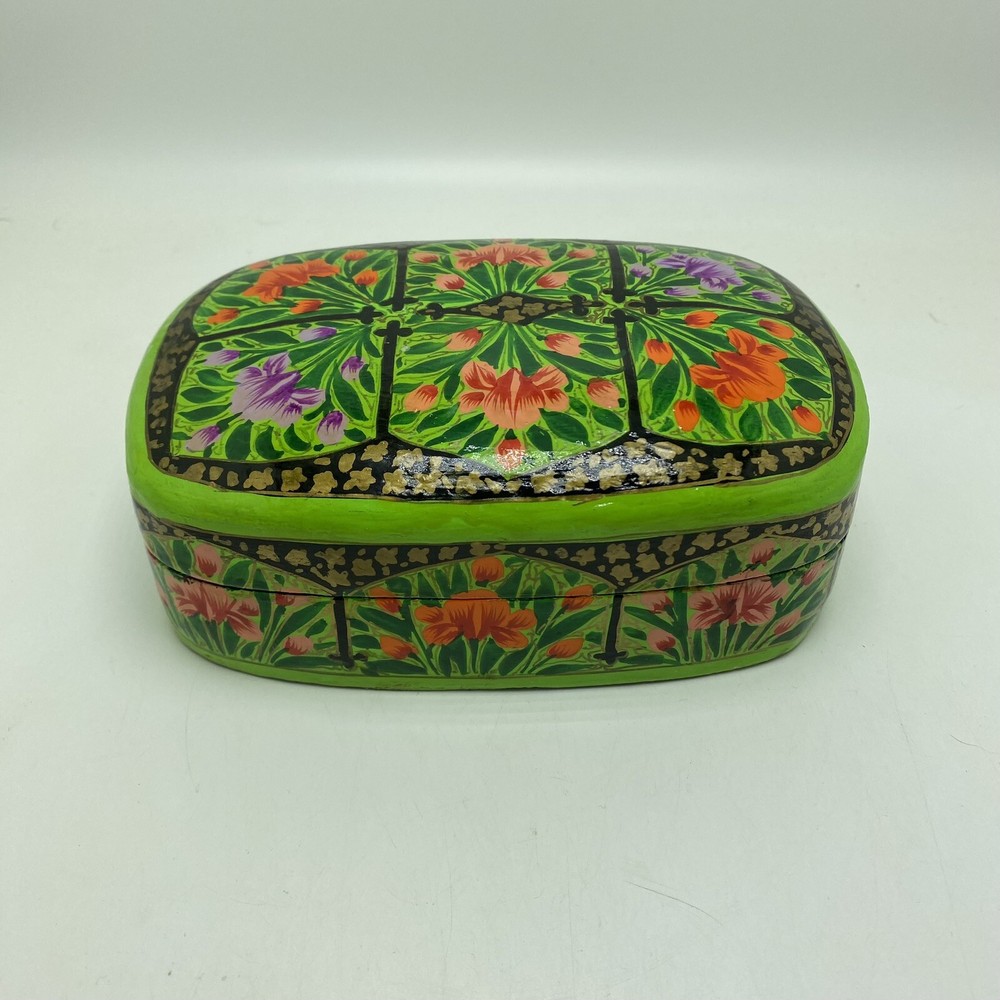 Kashmir Green Floral Paper Maché Decorative Trinket Box-image