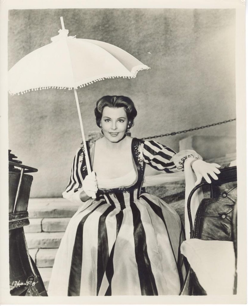 Vintage ARLENE DAHL Photo in Striped Dress Holding Umbrella Norwegian-American Hollywood Star