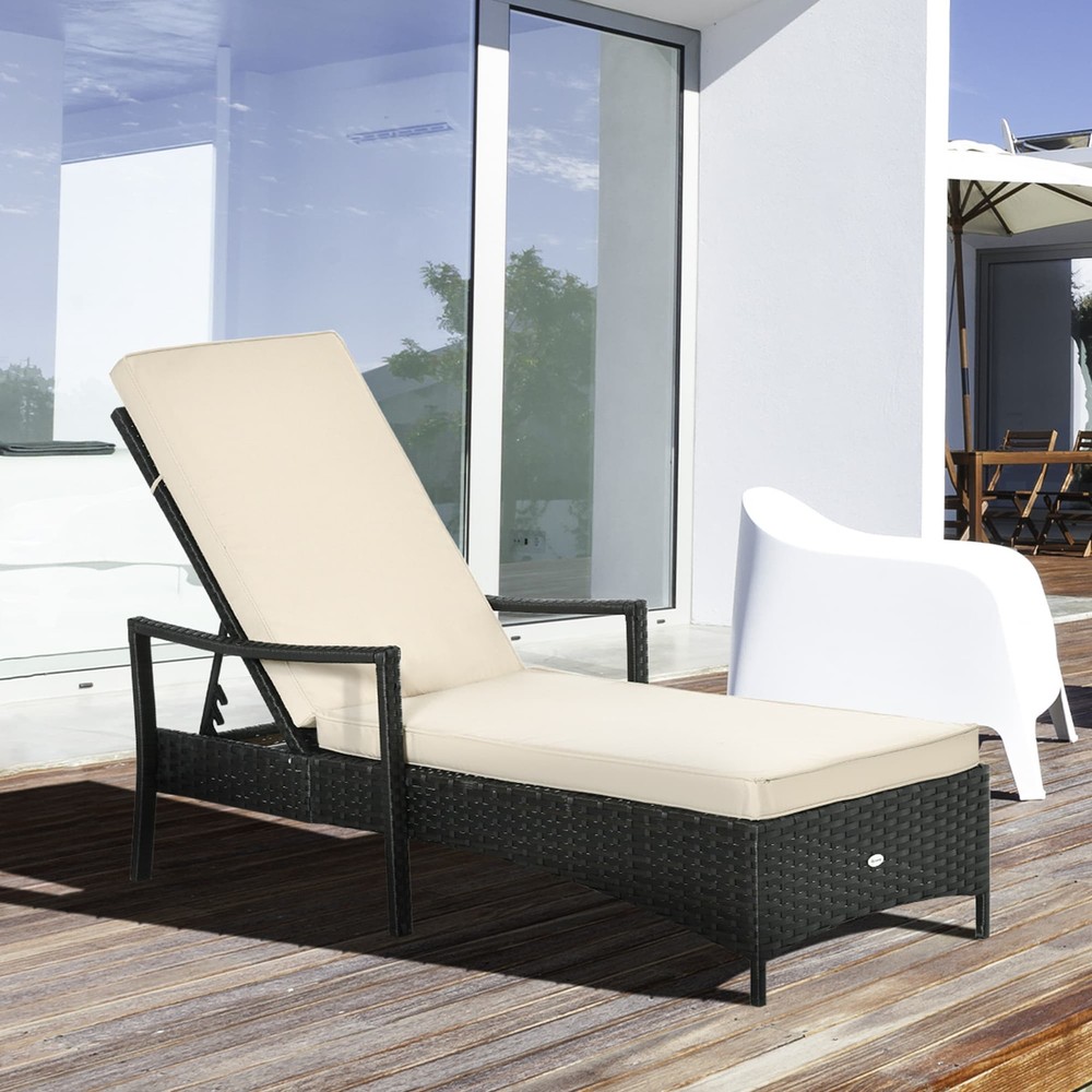 Outsunny 75.5 Inch Brown Beige PE Rattan Patio Chaise Lounge Chair  