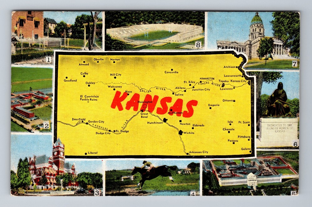KS-Kansas, Map And Landmarks, Vintage Postcard