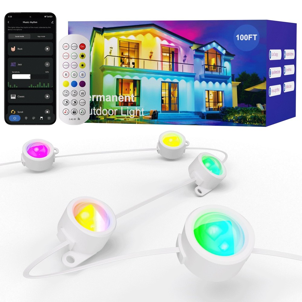 Permanent Outdoor Lights, 100FT with 60 RGB LEDs for Outdoor Decor, IP67 Wate...