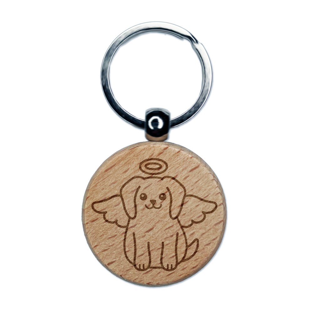 Engraved Wooden Dog Angel Keychain Charm Tag Round Pet Memorial