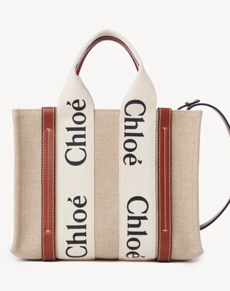 Chloé Woody Small Tote in Brown & White Canvas Leather