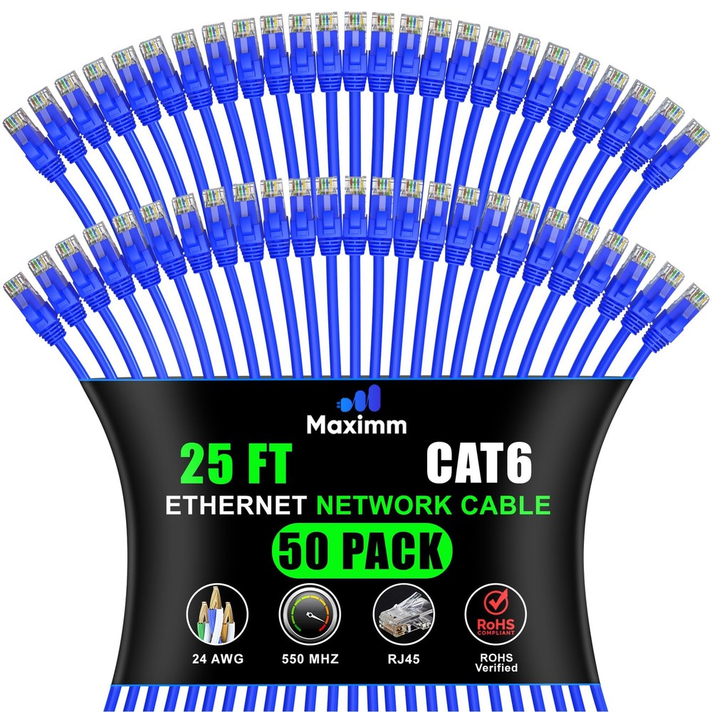 25ft Cat6 Ethernet Cable 50-Pack - High-Speed LAN Internet Network Patch Cord