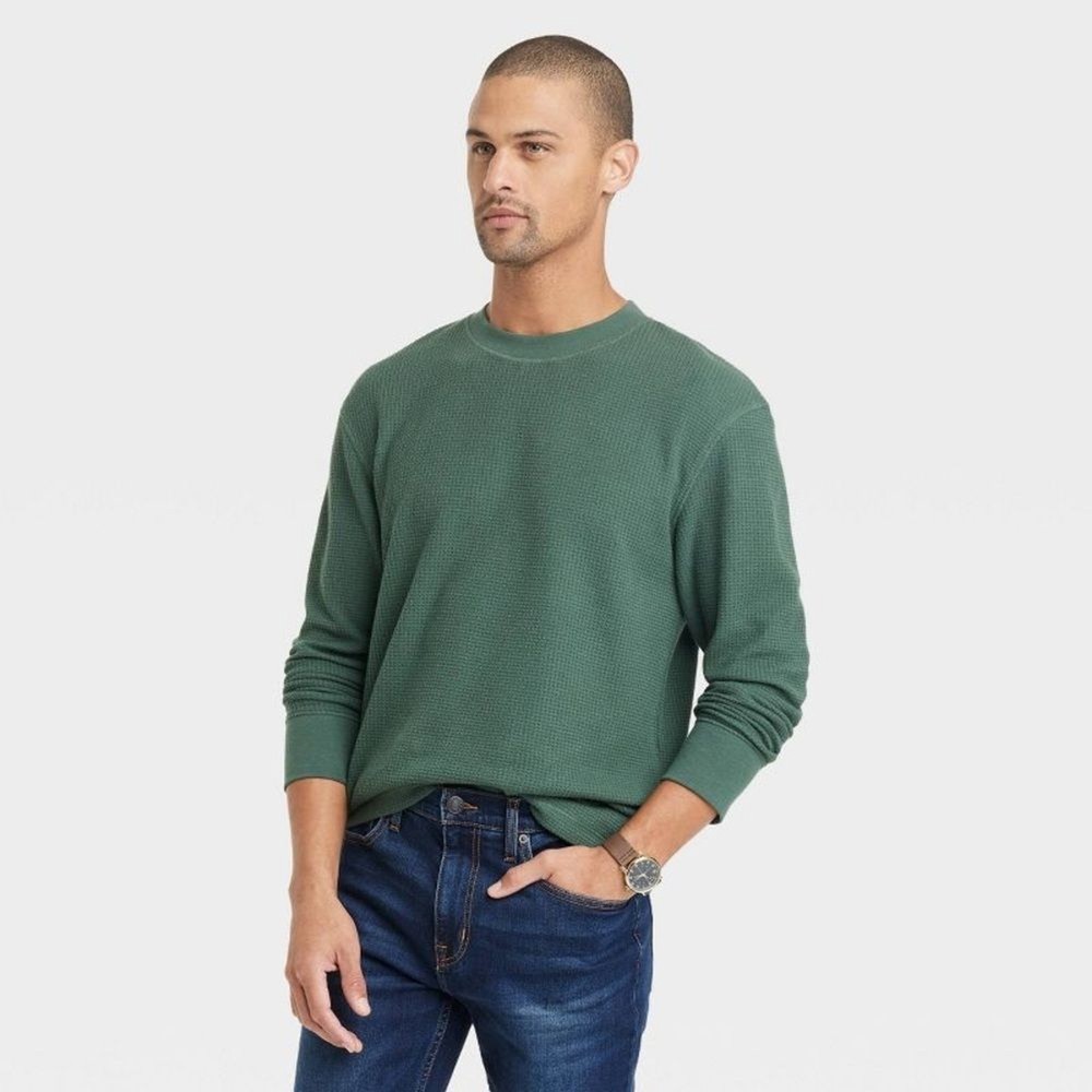 Men’s Green Textured Long Sleeve Waffle Weave Top Medium Fall Winter Warm-image