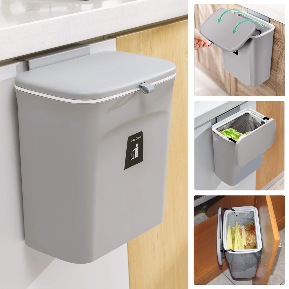 Tiyafuro 2.4 Gallon Kitchen Compost Bin for Counter Top or under Sink Hanging S