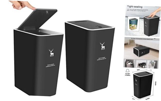 Trash Can with Lid, 2 Pack 4 Gallons/5 Liters Garbage Can with Press 1 Black
