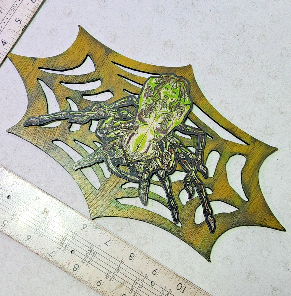 Laser engraved cut spider queen on web digital plywood pinup art 12x7 goth decor
