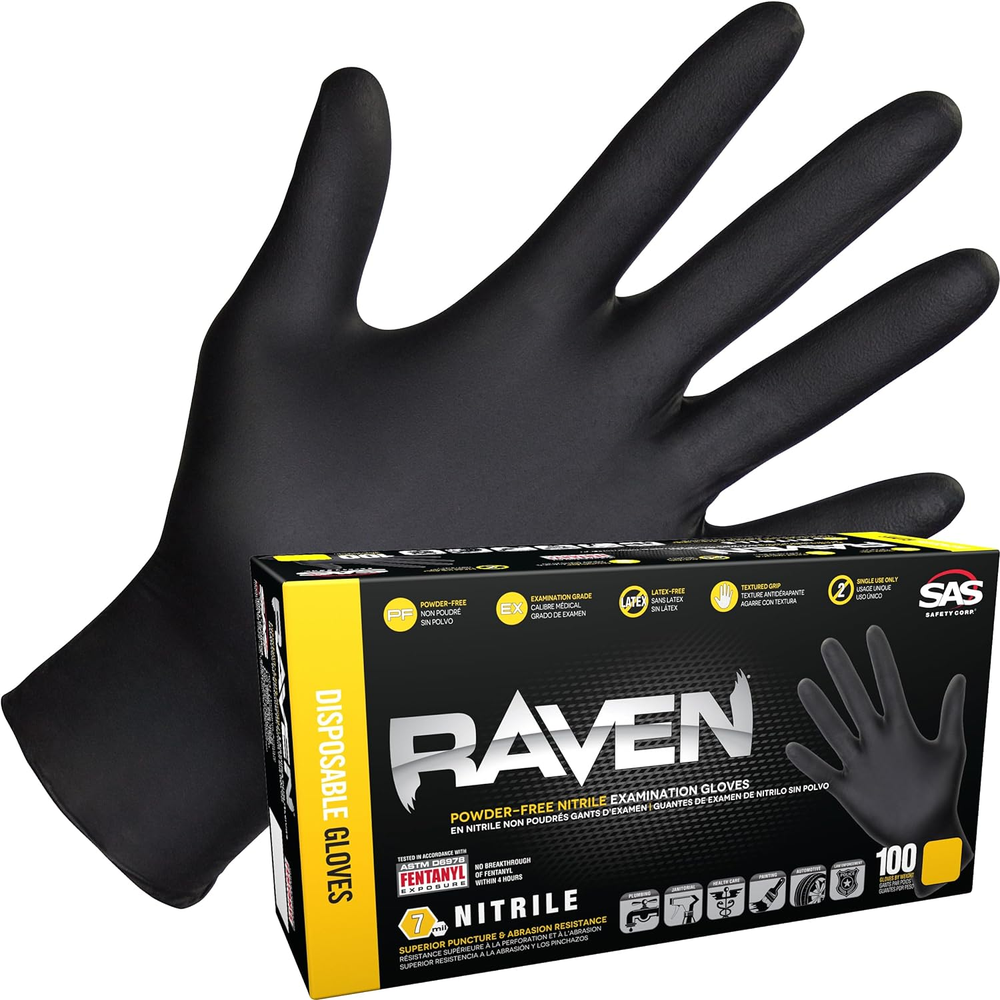 Raven Powder-Free Nitrile Disposable Gloves 7 Mil Medium Latex-Free Chemical Resistant