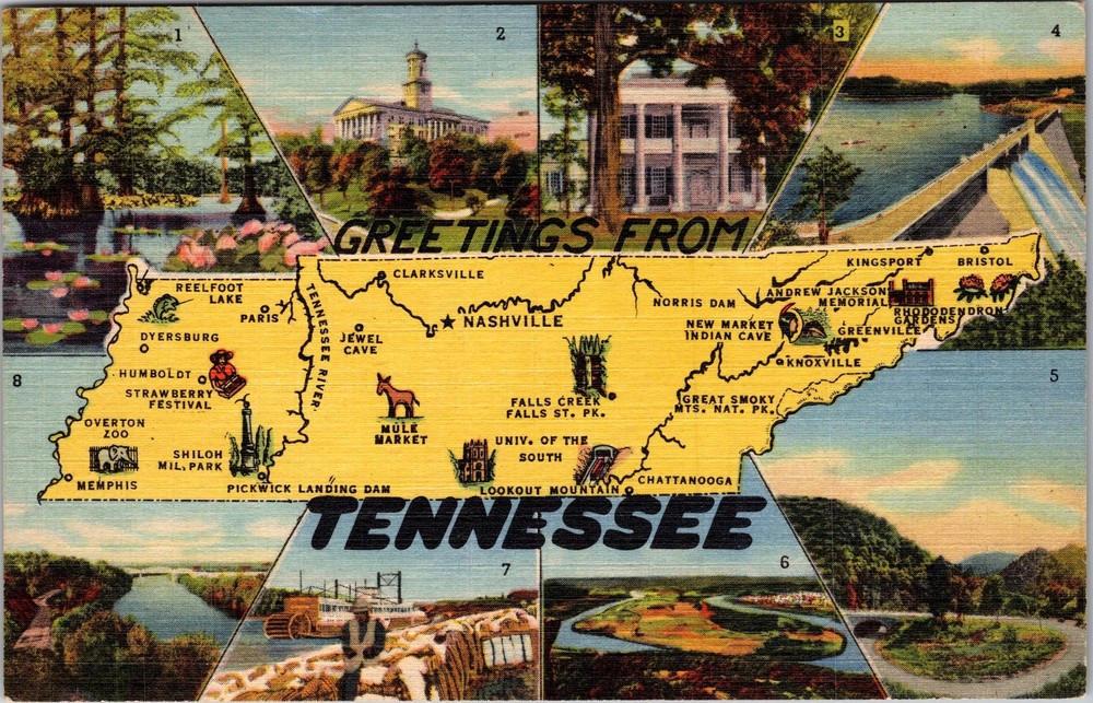 TN-Tennessee, Scenic Greetings, Landmarks, Map View, Vintage Postcard
