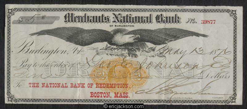 Merchants National Bank of Burlington VT RN-G1 Bank Check-image